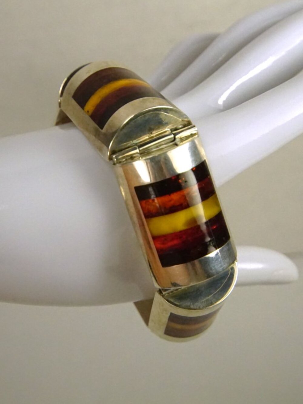 Heavy Amber & 925 Silver Panel Cuff Bracelet - Super Chunky Rare Find